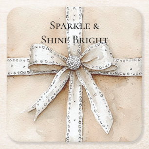 Cream White Silver Glitzy Glam Bow Birthday Rechteckiger Pappuntersetzer