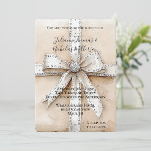 Cream White Silver Glitzy Glam Bow Wedding Einladung