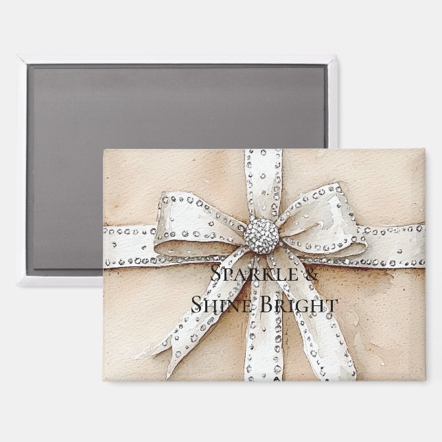 Cream White Silver Glitzy Glam Bow Weihnachten Magnet (Vorderseite/Rückseite)