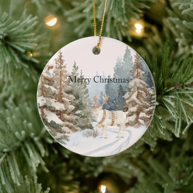 Cream White Stripes Deer Christmas Trees Keramik Ornament (Baum)