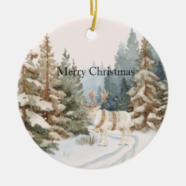 Cream White Stripes Deer Christmas Trees Keramik Ornament