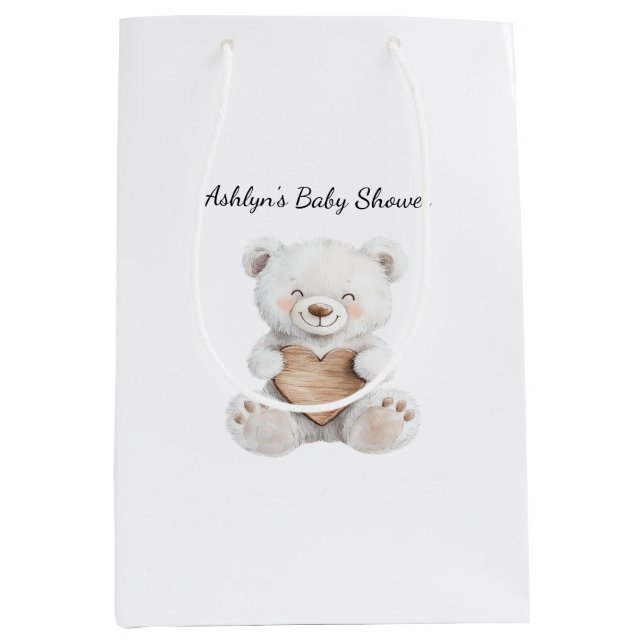 Cream White Teddy Bears Hearts Baby Shower Mittlere Geschenktüte (Vorderseite)