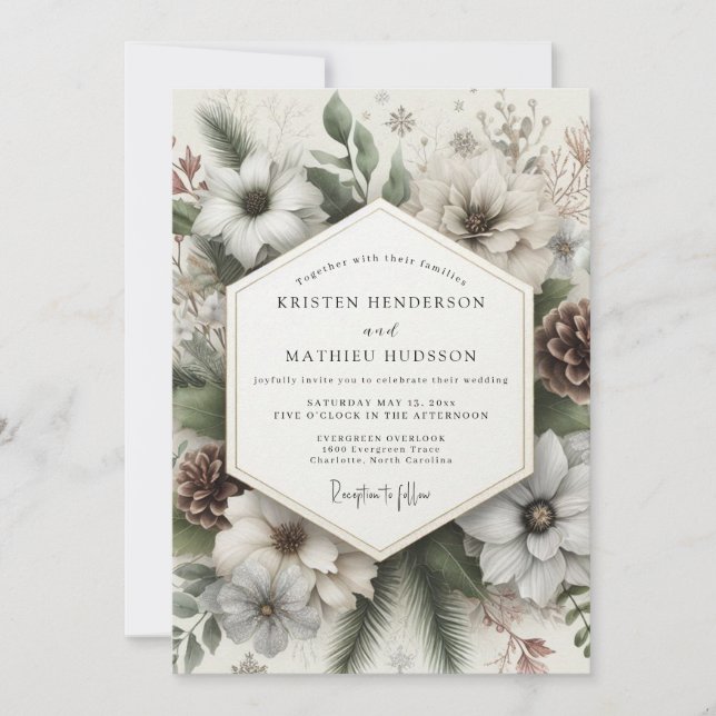 Cream Winter Bloom Hochzeit Einladung (Vorderseite)