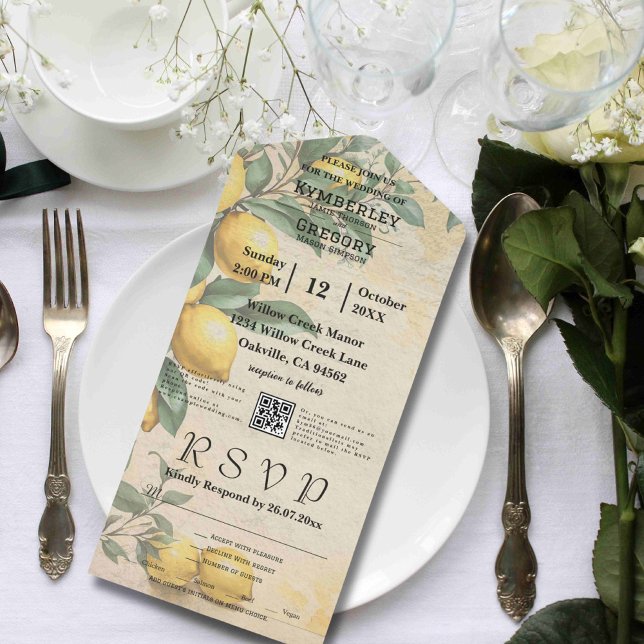 Cream Yellow Lemon Green Botanic QR Code All In One Einladung (Von Creator hochgeladen)