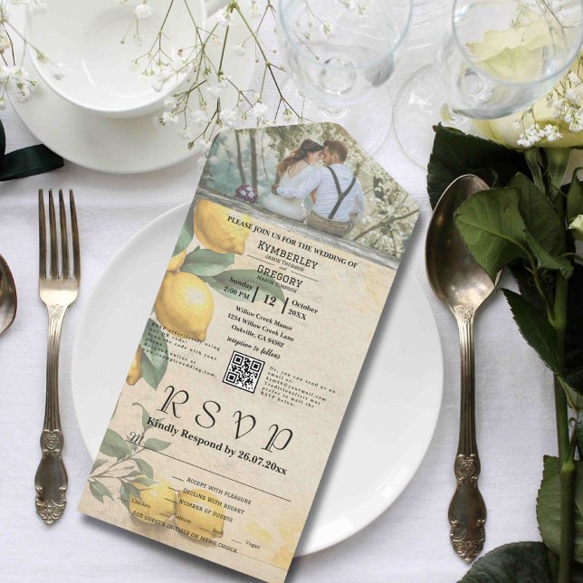 Cream Yellow Lemon Green Botanic QR Code All In One Einladung (Von Creator hochgeladen)