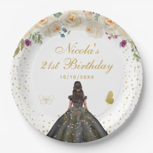 Creamfarbene Blumen-Prinzessin-Dark-Skin-Geburtsta Pappteller