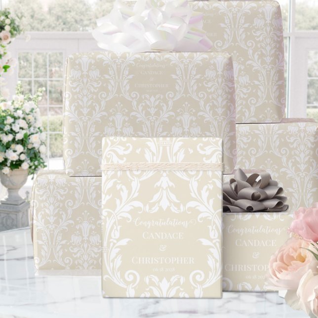 Creamy Almond White Damask Name Gratulation hinzuf Geschenkpapier (Von Creator hochgeladen)