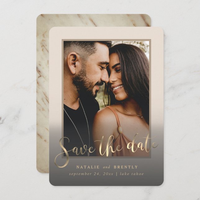 Creamy Beige Gold Script & Marble Foto Overlay Save The Date (Vorne/Hinten)