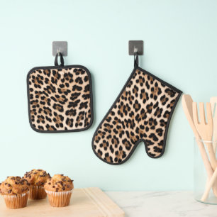 Creamy Brown Black Leopard Animal Ofenhandschuh & Topflappen-Set