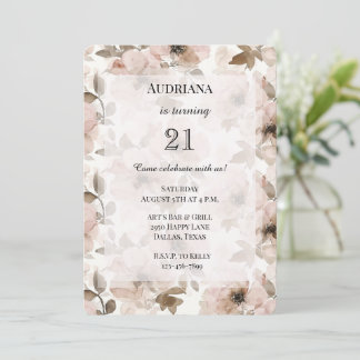 Creamy Brown Blush Pink Floral Geburtstag Einladung