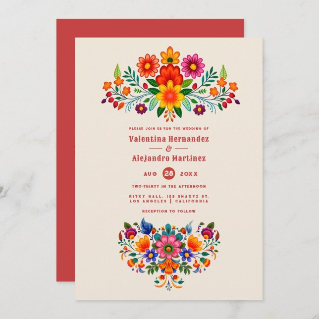 Creamy Linen & Fiesta Red Folk Art Fiesta Wedding Einladung (Vorne/Hinten)