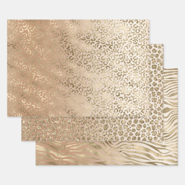Creamy Peach Gold Leopard Animal Print Geschenkpapier Set (Set)