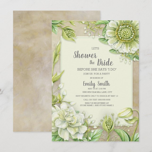 Creamy White Floral Greenery Rustikales Brautparty Einladung (Vorne/Hinten)
