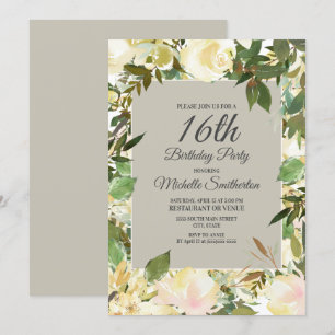 Creamy White Floral Sage Green 16. Geburtstag Einladung