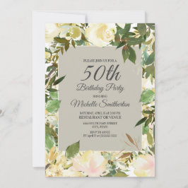 Creamy White Floral Sage Green 50. Geburtstag Einladung