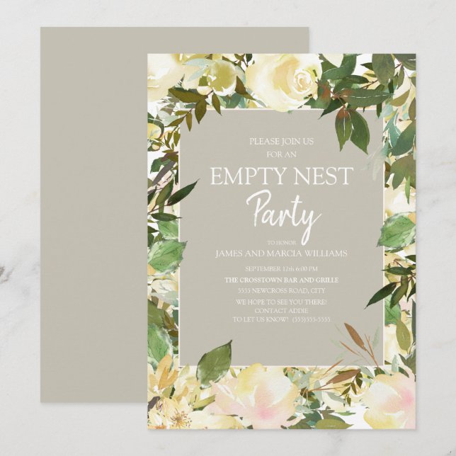 Creamy White Floral Sage Green Empty Nest Party Einladung (Vorne/Hinten)