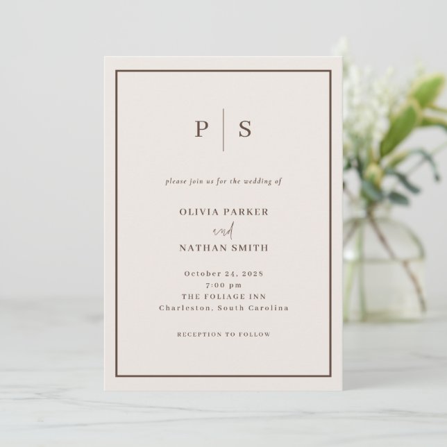 Creamy White Minimal and Chic Brown Border Wedding Einladung (Stehend Vorderseite)