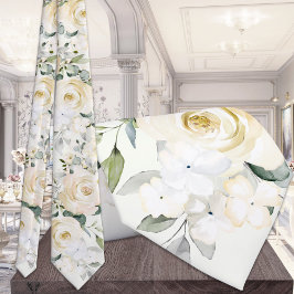Creamy White Peony Eucalyptus Light Sage Wedding Krawatte