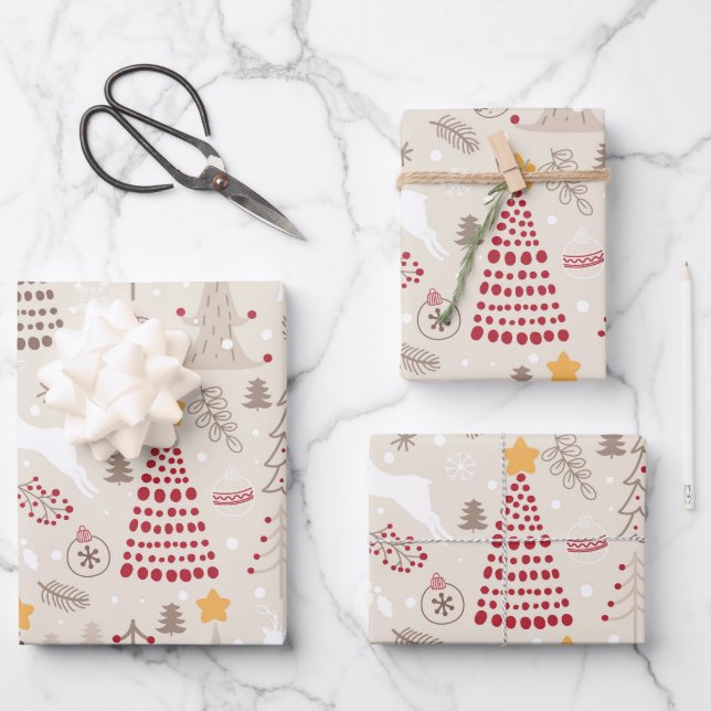 Creamy White, Weihnachtsbaum und Hirsch Geschenkpapier Set (Vorderseite)