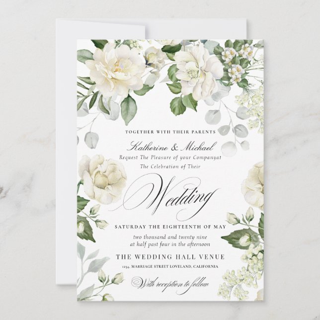 CreamyFloral Eucalyptus Script Calligraphy Wedding Einladung (Vorderseite)