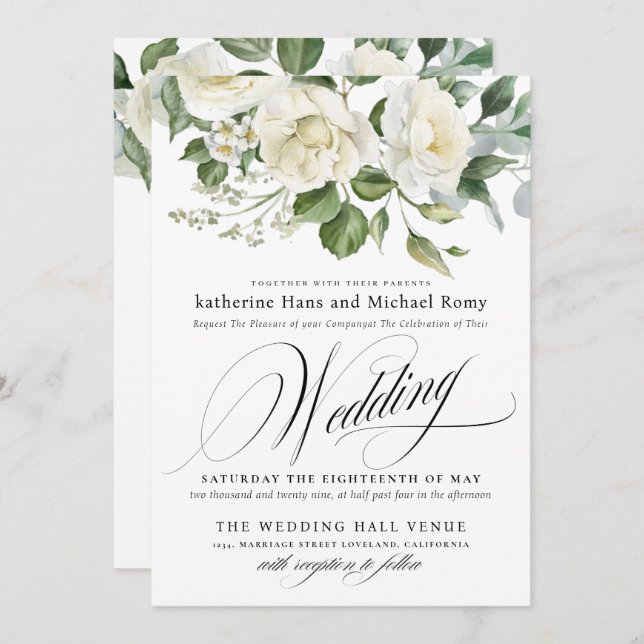 CreamyFloral Eucalyptus Script Calligraphy Wedding Einladung (Vorne/Hinten)