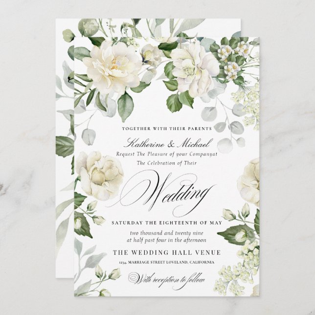 CreamyFloral Eucalyptus Script Calligraphy Wedding Einladung (Vorne/Hinten)