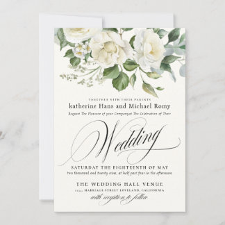 CreamyFloral Eucalyptus Script Calligraphy Wedding Einladung