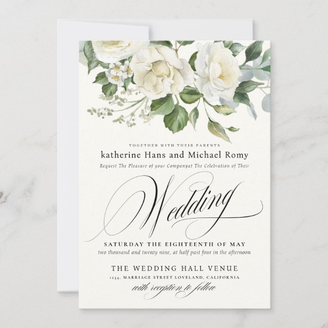 CreamyFloral Eucalyptus Script Calligraphy Wedding Einladung (Vorderseite)