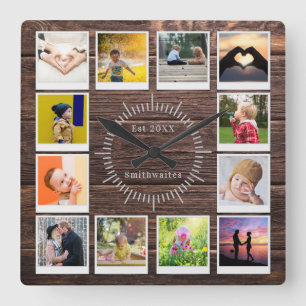 Create You own Photo Collage Rustic Wood Farmhouse Quadratische Wanduhr