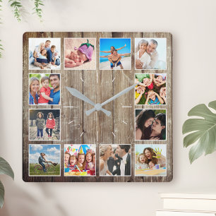 Create Your Custom Photo Collage Rustic Farmhouse Quadratische Wanduhr