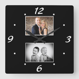Create your Elegant Black White 2 Photo Collage Quadratische Wanduhr