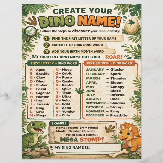 Create Your Name Dinosaur Party Game (Vorderseite)
