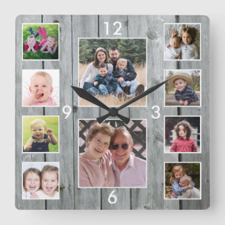 Create Your Own 10 Photo Collage Gray Wood Quadratische Wanduhr