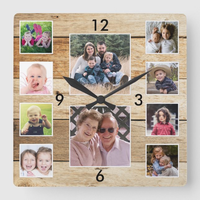 Create Your Own 10 Photo Collage Natural Wood Quadratische Wanduhr (Vorderseite)