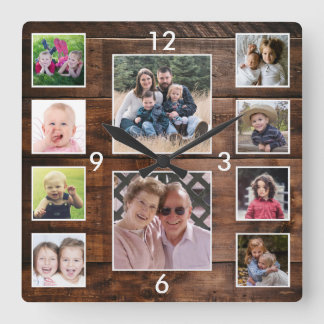 Create Your Own 10 Photo Collage Reclaimed Wood Quadratische Wanduhr