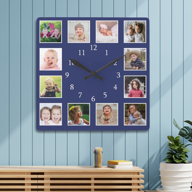 Create Your Own 12 Family Photo Collage Blue Quadratische Wanduhr (Von Creator hochgeladen)
