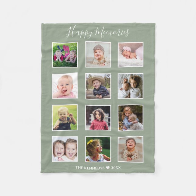 Create Your Own 12 Family Photo Collage Sage Green Fleecedecke (Vorderseite)