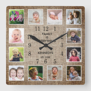 Create Your Own 12 Photo Collage Frame Burlap Quadratische Wanduhr