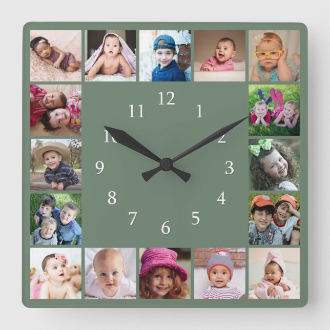 Create Your Own 16 Family Photo Collage  Green  Quadratische Wanduhr (Vorderseite)