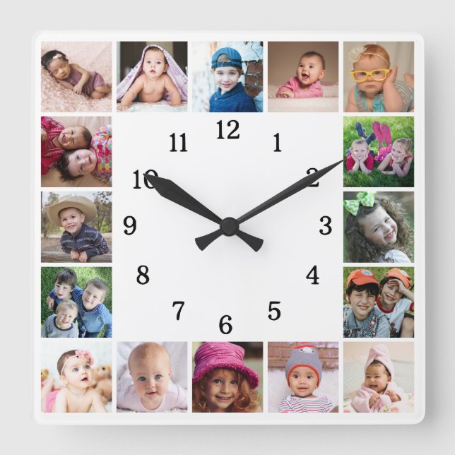 Create Your Own 16 Family Photo Collage White Quadratische Wanduhr (Vorderseite)
