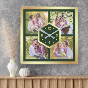 Create Your Own 4 Photo Collage Green and Gold Quadratische Wanduhr