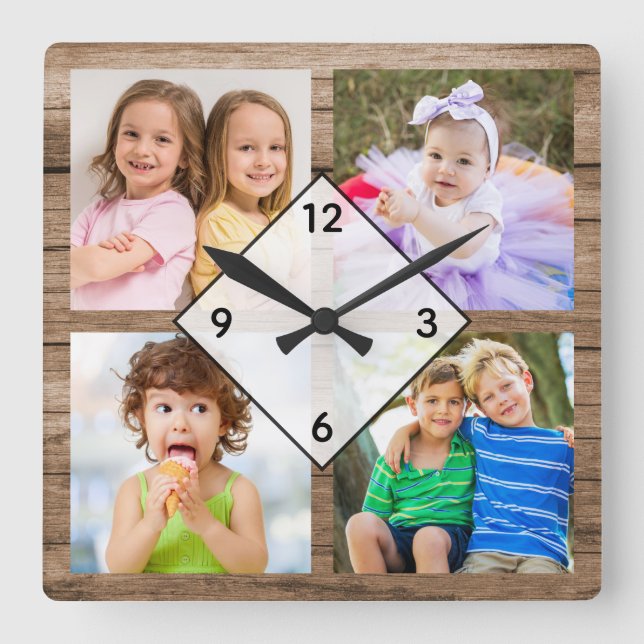 Create Your Own 4 Photo Collage Rustic Wood Quadratische Wanduhr (Vorderseite)