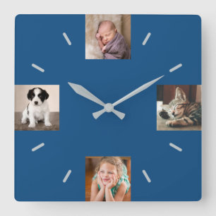 Create Your Own 4 Photo Modern Blue Quadratische Wanduhr