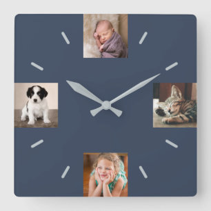 Create Your Own 4 Photo Modern Navy Blue Quadratische Wanduhr
