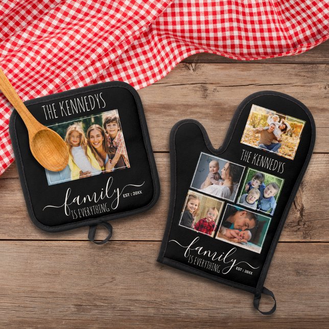 Create Your Own 6 Photo Collage Family Name Black Ofenhandschuh & Topflappen-Set (Von Creator hochgeladen)