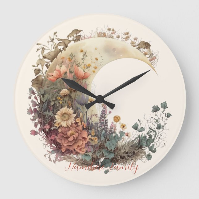 Create Your Own Autumn Floral Crescent Moon Große Wanduhr (Vorderseite)