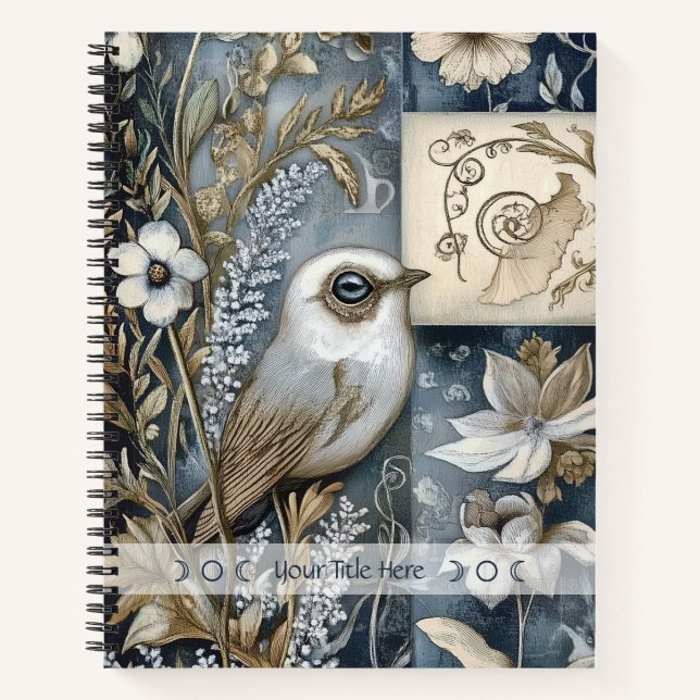 Create Your Own Blue Gold Garden Bird Botanical Notizbuch (Vorderseite)