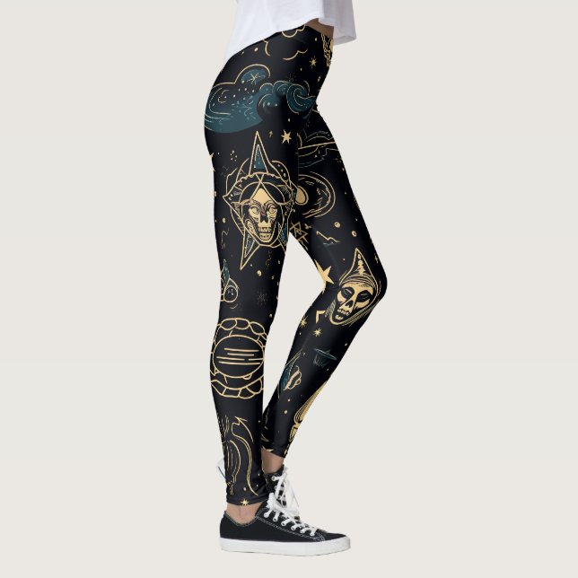 Create Your Own Blue & Gold Pagan Symbols Black Leggings (Rechts)