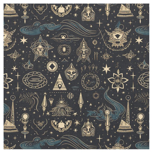 Create Your Own Blue & Gold Pagan Symbols Black Stoff (Nahaufnahme)