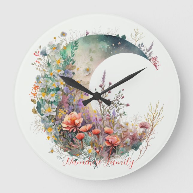 Create Your Own Bright Sunset Floral Crescent Moon Große Wanduhr (Vorderseite)